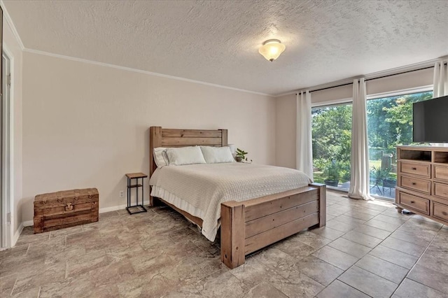 2122 Edinburg Dr, Yukon, OK 73099 - bedroom featuring crown molding, a textured ceiling, and access to outside