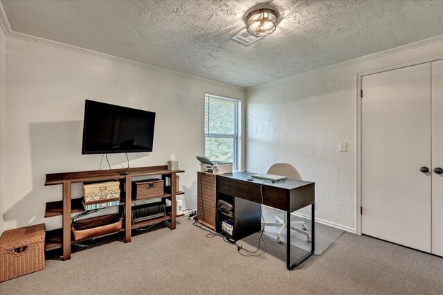 2122 Edinburg Dr, Yukon, OK 73099 - office area with carpet, crown molding, and a textured ceiling