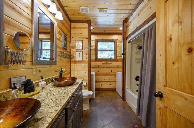 36 Spruce Ct, Broken Bow, OK 74728 - bathroom with concrete flooring, wood walls, wood ceiling, vanity, and shower / bath combination with curtain