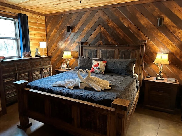 36 Spruce Ct, Broken Bow, OK 74728 - bedroom featuring wooden walls, wooden ceiling, lofted ceiling, and concrete floors