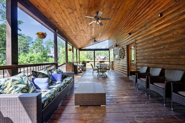 36 Spruce Ct, Broken Bow, OK 74728 - wooden deck featuring outdoor lounge area, ceiling fan, and outdoor dining area