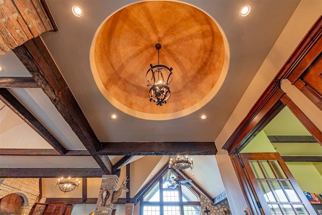 1505 SW 113th Pl, Oklahoma City, OK 73170 - detailed view of a chandelier, beam ceiling, and recessed lighting
