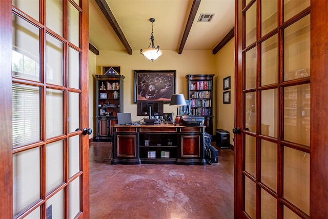 1505 SW 113th Pl, Oklahoma City, OK 73170 - office space featuring concrete floors, beam ceiling, french doors, and plenty of natural light