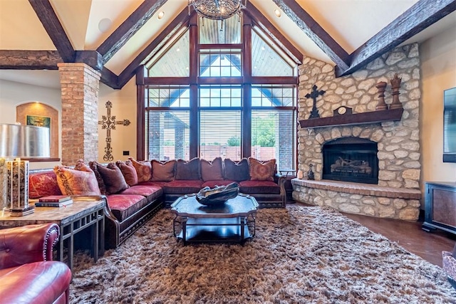 1505 SW 113th Pl, Oklahoma City, OK 73170 - living room with a stone fireplace, beamed ceiling, high vaulted ceiling, and arched walkways