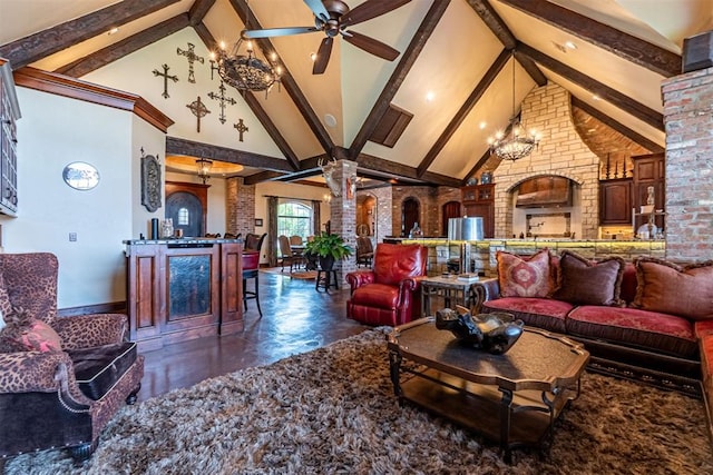 1505 SW 113th Pl, Oklahoma City, OK 73170 - living area featuring high vaulted ceiling, a ceiling fan, beam ceiling, and ornate columns
