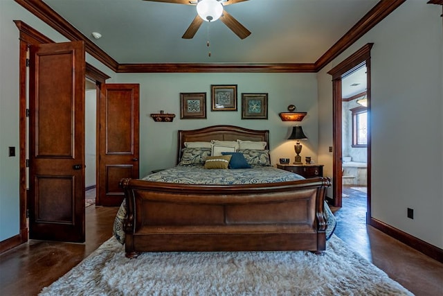 1505 SW 113th Pl, Oklahoma City, OK 73170 - bedroom featuring finished concrete floors, crown molding, and ceiling fan