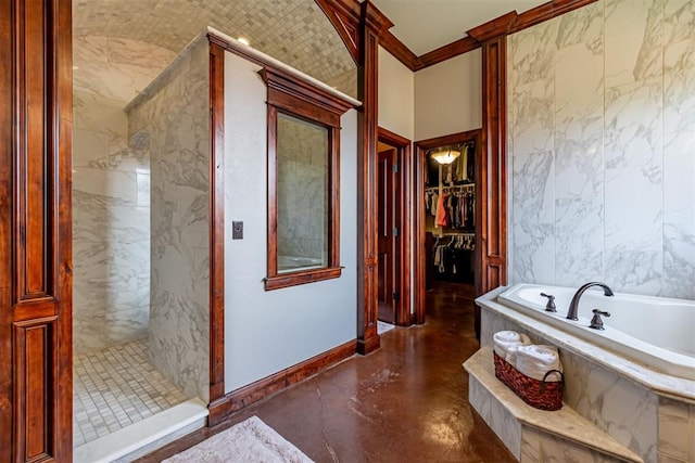 1505 SW 113th Pl, Oklahoma City, OK 73170 - bathroom with a garden tub, a marble finish shower, concrete floors, crown molding, and a spacious closet