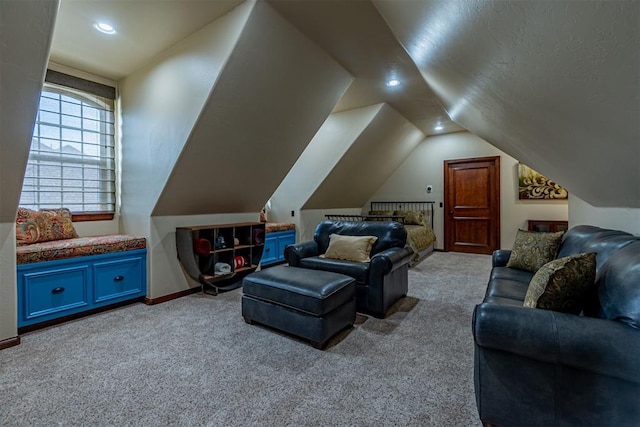 1505 SW 113th Pl, Oklahoma City, OK 73170 - carpeted living area with vaulted ceiling and recessed lighting