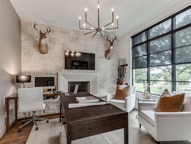 2917 Piazza Ct, Arcadia, OK 73007 - office area with a chandelier and wood finished floors