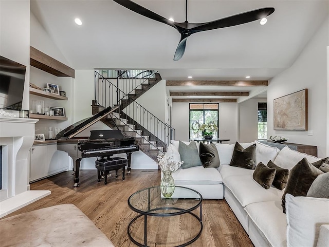 2917 Piazza Ct, Arcadia, OK 73007 - living area featuring wood finished floors, stairway, recessed lighting, and ceiling fan