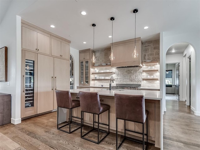 2917 Piazza Ct, Arcadia, OK 73007 - kitchen with arched walkways, open shelves, light countertops, backsplash, and light wood-style floors