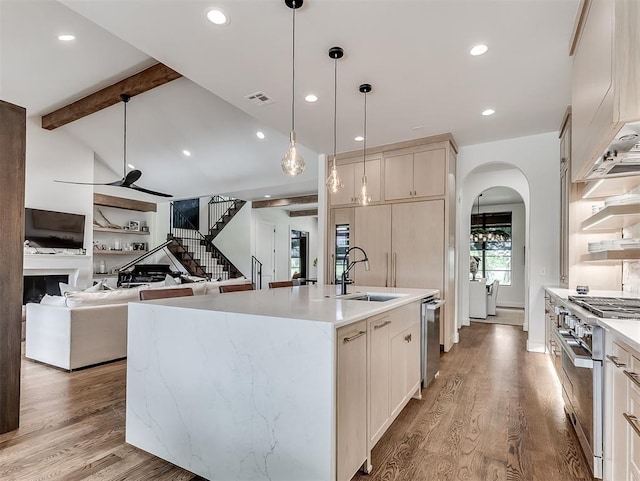 2917 Piazza Ct, Arcadia, OK 73007 - kitchen featuring stainless steel appliances, a ceiling fan, arched walkways, a center island with sink, and wood finished floors
