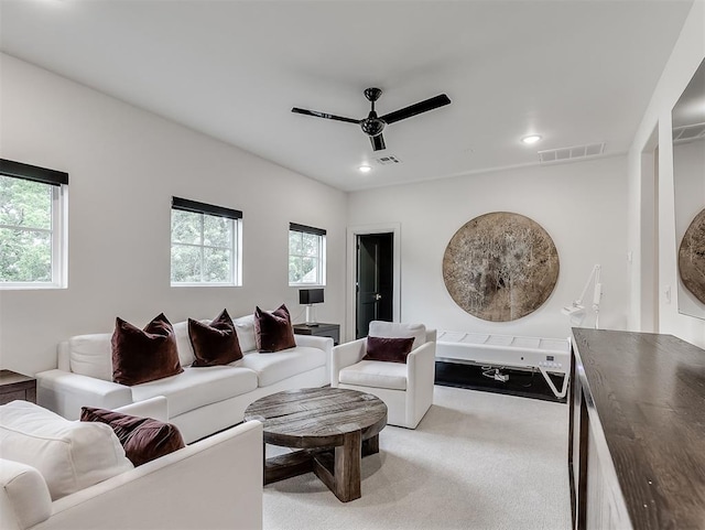2917 Piazza Ct, Arcadia, OK 73007 - living room featuring a ceiling fan, healthy amount of natural light, light colored carpet, and recessed lighting