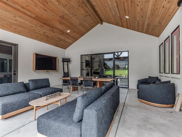 2917 Piazza Ct, Arcadia, OK 73007 - living area featuring concrete floors, recessed lighting, high vaulted ceiling, and wooden ceiling