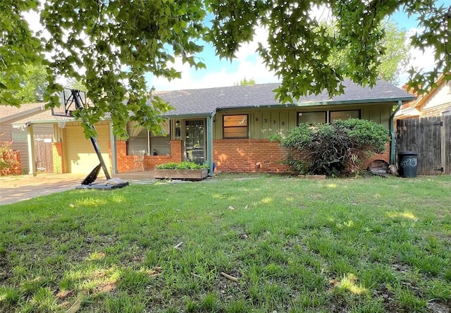 6338 Norman Rd, Warr Acres, OK 73122 - ranch-style house featuring brick siding, an attached garage, driveway, roof with shingles, and board and batten siding
