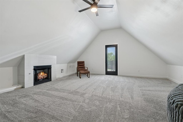 4504 SE 41st St, Moore, OK 73165 - bonus room featuring vaulted ceiling, ceiling fan, carpet floors, and a fireplace