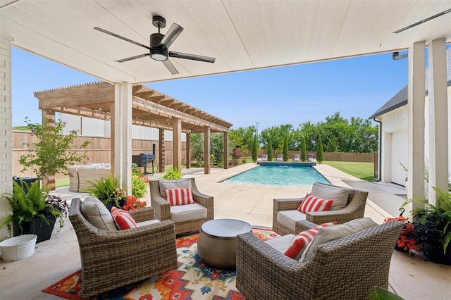 4504 SE 41st St, Moore, OK 73165 - fenced backyard with an outdoor living space, a pergola, a patio area, and a ceiling fan