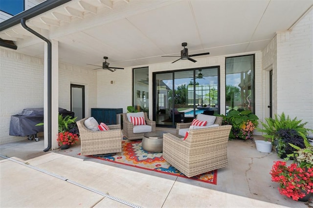 4504 SE 41st St, Moore, OK 73165 - view of patio with a ceiling fan, an outdoor hangout area, and a grill