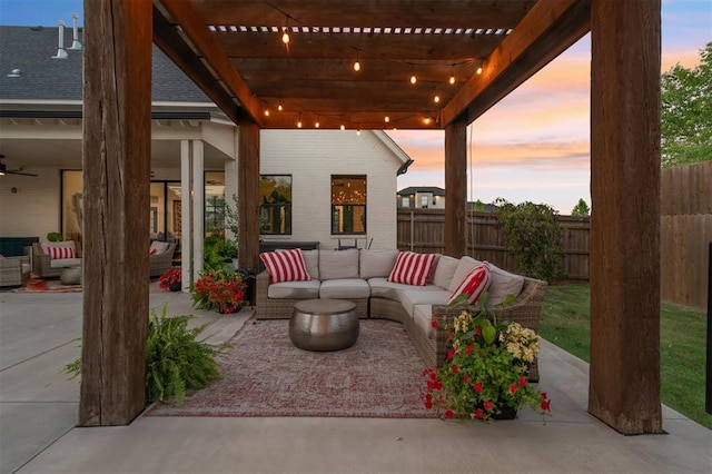 4504 SE 41st St, Moore, OK 73165 - view of patio / terrace with an outdoor hangout area, a pergola, and a ceiling fan