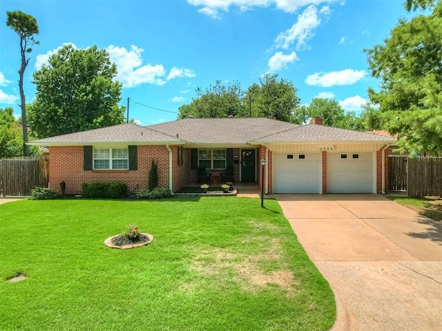 10505 Lyndon Rd, The Village, OK 73120 - ranch-style home with a garage, brick siding, driveway, a chimney, and roof with shingles