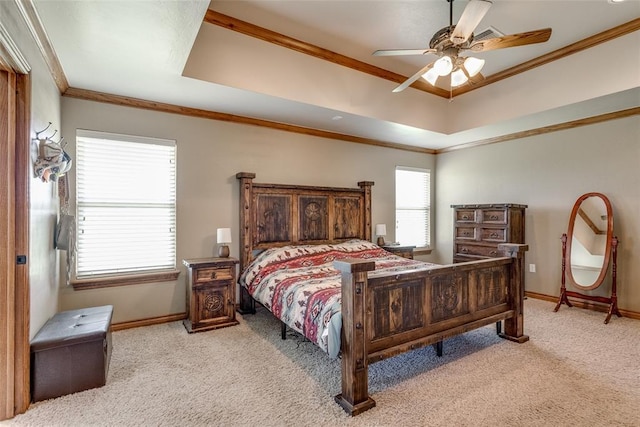 2858 Fields Rd, El Reno, OK 73036 - bedroom with carpet flooring, crown molding, ceiling fan, and a raised ceiling