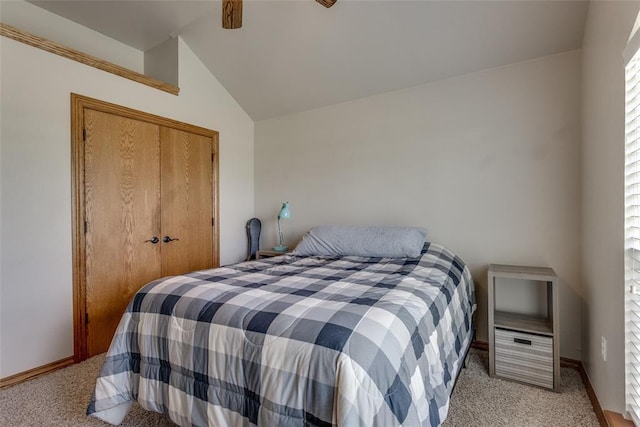 2858 Fields Rd, El Reno, OK 73036 - bedroom with light colored carpet, lofted ceiling, a closet, and a ceiling fan