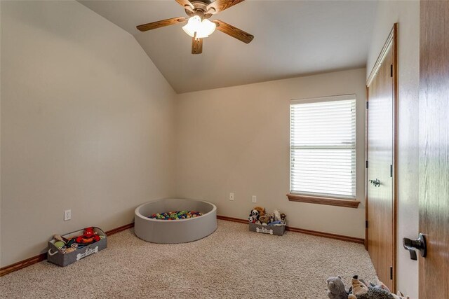 2858 Fields Rd, El Reno, OK 73036 - recreation room featuring lofted ceiling, ceiling fan, and carpet flooring