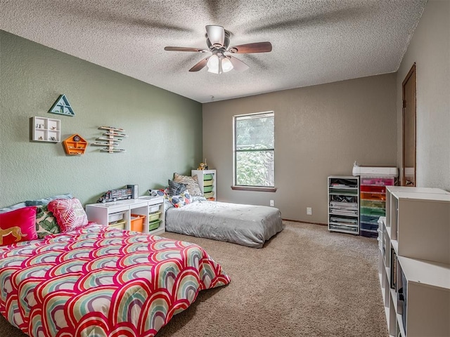 2104 Tanglewood Dr, Edmond, OK 73013 - bedroom with light carpet, a textured ceiling, a textured wall, and a ceiling fan