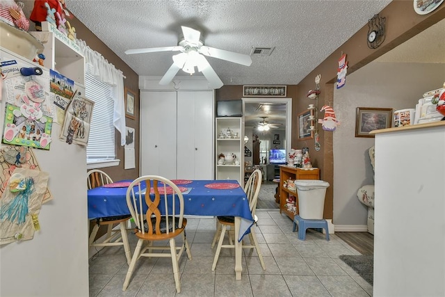 5505 S Dimple Dr, Oklahoma City, OK 73135 - tiled dining area with ceiling fan and a textured ceiling