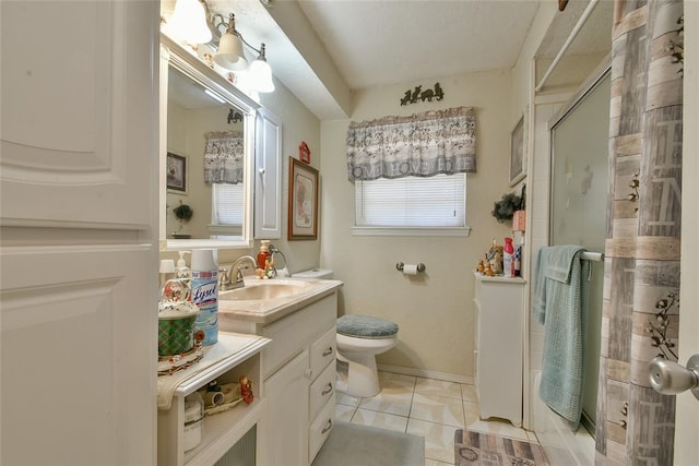 5505 S Dimple Dr, Oklahoma City, OK 73135 - bathroom with a shower, vanity, and tile patterned floors