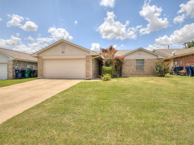321 Bradgate Dr, Yukon, OK 73099 - ranch-style house featuring an attached garage, concrete driveway, brick siding, and a front lawn