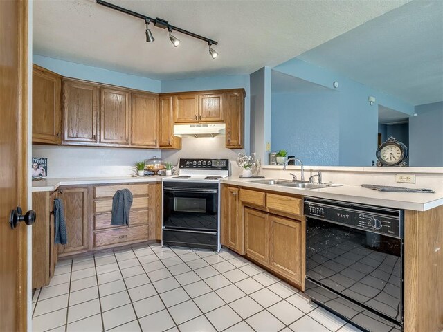 321 Bradgate Dr, Yukon, OK 73099 - kitchen with black dishwasher, white electric range, under cabinet range hood, a peninsula, and light countertops
