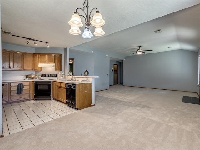 321 Bradgate Dr, Yukon, OK 73099 - kitchen with electric range, dishwasher, under cabinet range hood, light colored carpet, and a peninsula
