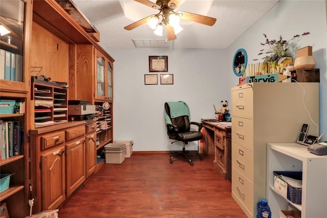 4213 NE 143rd St, Edmond, OK 73013 - office with dark wood-type flooring, a textured ceiling, and ceiling fan
