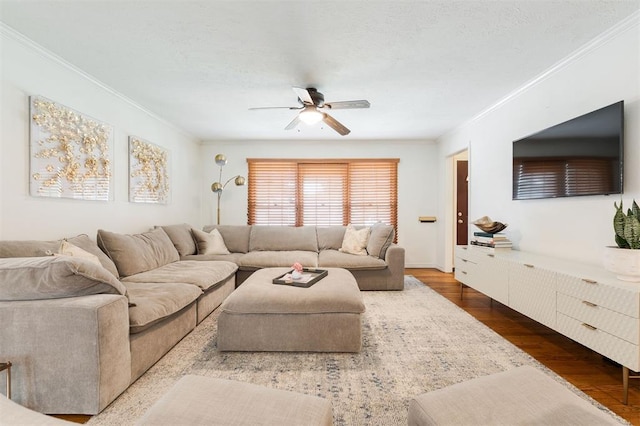 2800 Kerry Ln, Oklahoma City, OK 73120 - living room featuring ceiling fan, crown molding, and dark wood-style flooring