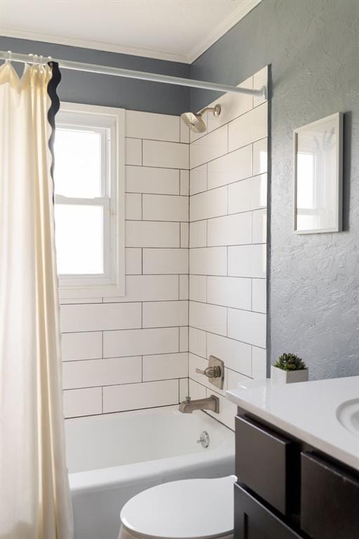 2800 Kerry Ln, Oklahoma City, OK 73120 - bathroom featuring shower / bathtub combination with curtain, vanity, crown molding, and a textured wall