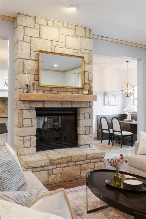 3101 White Cedar Dr, Moore, OK 73160 - living room with ornamental molding and a stone fireplace