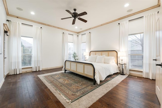 3101 White Cedar Dr, Moore, OK 73160 - bedroom featuring crown molding, dark wood finished floors, recessed lighting, and ceiling fan