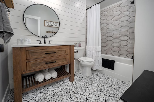 18569 310th St, Norman, OK 73072 - bathroom featuring vanity, shower / bath combo, wooden walls, and tile patterned floors