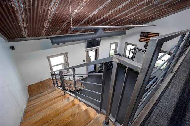18569 310th St, Norman, OK 73072 - staircase featuring wooden ceiling and wood finished floors