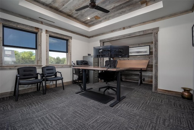 18569 310th St, Norman, OK 73072 - home office with a tray ceiling, carpet floors, and a ceiling fan