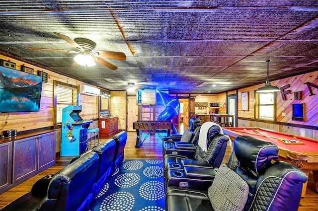 225 Stevens Rd, Broken Bow, OK 74728 - game room featuring a wall mounted AC, wood walls, wood finished floors, pool table, and ceiling fan