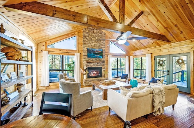 225 Stevens Rd, Broken Bow, OK 74728 - living area with a wooden ceiling with exposed beams, a fireplace, plenty of natural light, hardwood / wood-style flooring, and wooden walls