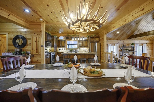 225 Stevens Rd, Broken Bow, OK 74728 - dining space featuring wooden walls, plenty of natural light, wood ceiling, a chandelier, and recessed lighting