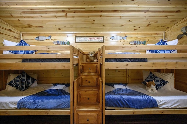 225 Stevens Rd, Broken Bow, OK 74728 - bedroom with wood walls, wooden ceiling, vaulted ceiling, and a sauna / steam room
