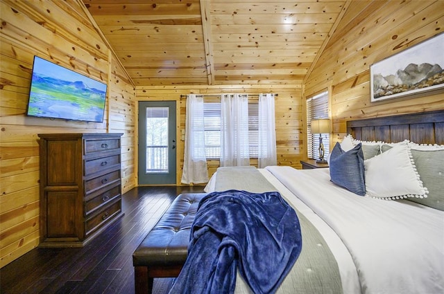 225 Stevens Rd, Broken Bow, OK 74728 - bedroom with vaulted ceiling, wood walls, dark wood finished floors, and wooden ceiling