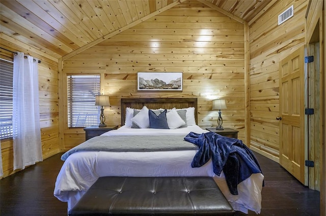 225 Stevens Rd, Broken Bow, OK 74728 - bedroom with lofted ceiling, dark wood finished floors, wood walls, and wooden ceiling