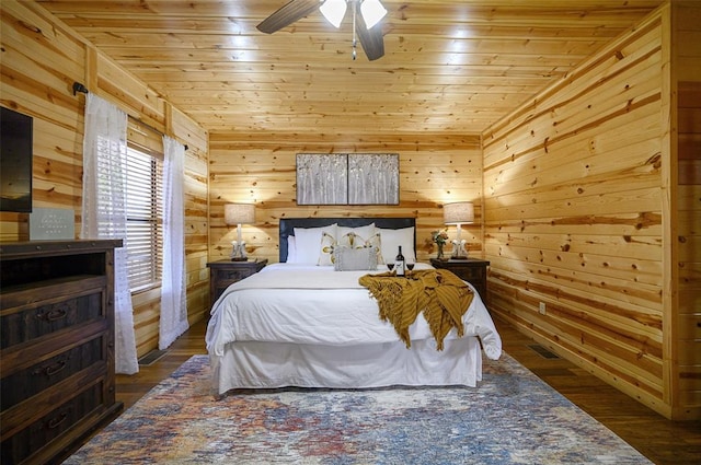 225 Stevens Rd, Broken Bow, OK 74728 - bedroom with wood ceiling, wooden walls, wood finished floors, and a ceiling fan