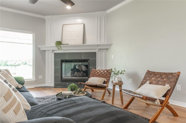 1848 County Road 1198, Tuttle, OK 73089 - living area featuring ornamental molding, wood finished floors, a fireplace, and ceiling fan
