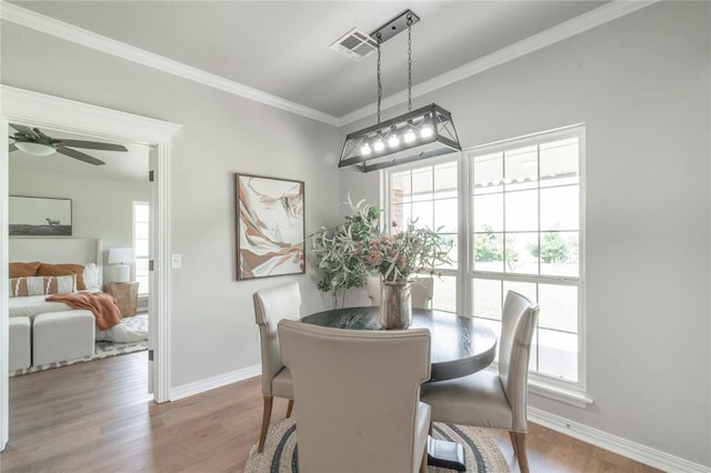 1848 County Road 1198, Tuttle, OK 73089 - dining area featuring wood finished floors, ornamental molding, and a ceiling fan